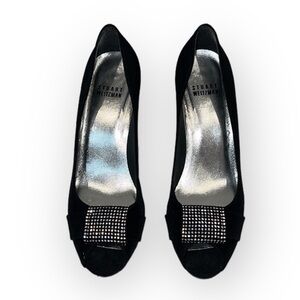 Stuart Weitzman Black Satin Jewel Embellished Peep toe pumps shoes size 6.5 M